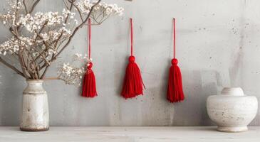 Red Decorative Tassels Hanging on a Branch Against a Rustic White Background photo