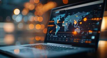 Global Data Visualization On Laptop Screen At Night photo