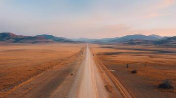 Vast Open Road Through Arid Landscape at Dusk photo