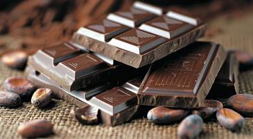 Dark Chocolate Bars With Cocoa Nibs And Powder On A Rustic Table photo