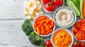 Fresh Vegetables and Dipping Sauce Displayed on Rustic Wooden Table photo