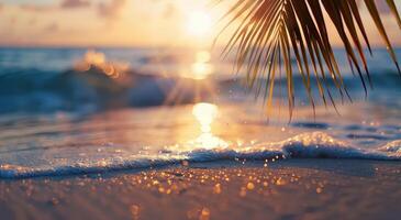 Sunset Over Ocean Waves With Silhouetted Palm Leaves on Tropical Beach photo