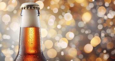 Chilled Beer Bottle Against Blurred Golden Bokeh Background in Evening Light photo