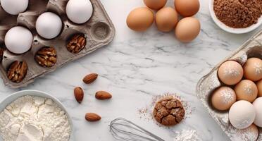 Eggs, Nuts, and Flour Prepared for Baking on a Marble Countertop photo