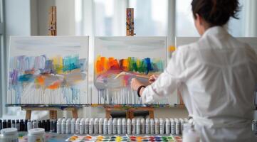 Artist Creating Vibrant Abstract Paintings in Bright Studio During Daytime photo