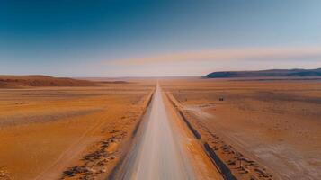 Vast Open Road Through Arid Landscape at Dusk photo