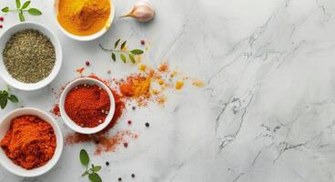 vistoso especias y hierbas en mármol encimera en culinario preparación foto