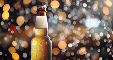 Cold Bottle of Beer With Bubbles in a Festive Atmosphere at Night photo