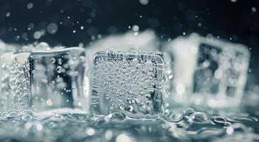 Ice Cubes Forming Bubbles in Water on a Dark Background photo