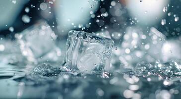Ice Cubes Forming Bubbles in Water on a Dark Background photo