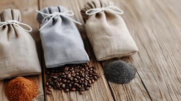 Handcrafted Coffee Bags Displayed on Rustic Wooden Surface photo