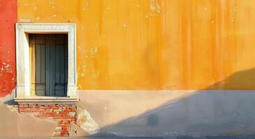 Bright Yellow Wall With Black Door and Window in a Sunny Urban Setting photo