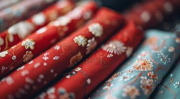 Elegant Embroidery on Red Fabric With Delicate Floral Design and Soft Background Lights photo