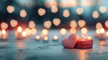 Romantic Gift Box Surrounded by Heart-Shaped Bokeh Lights at Dusk photo
