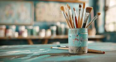 Art Studio Jar Filled With Paintbrushes on a Colorful Table photo