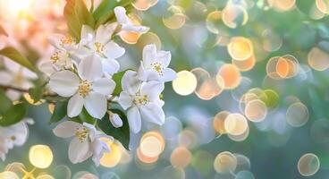 Delicate White Blossoms Against a Soft Green Background in Natural Light photo