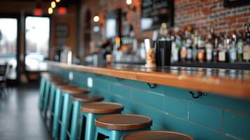 Modern Bar Interior With Wooden Stools and Brick Wall in Afternoon Light photo