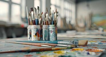 Art Studio Jar Filled With Paintbrushes on a Colorful Table photo