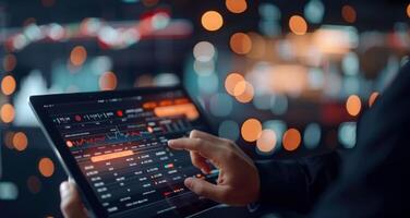 Business Professional Analyzing Stock Market Data on Tablet in Modern Office at Night photo