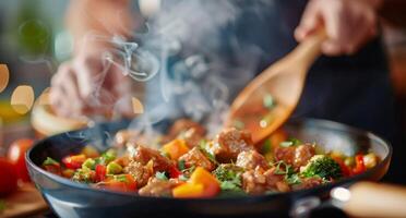 Delicious Steaming Meatballs With Colorful Peppers In A Pan photo
