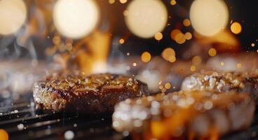 Grilling Juicy Steaks Over Flames at a Summer Barbecue in the Evening photo
