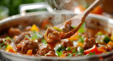 Delicious Steaming Meatballs With Colorful Peppers In A Pan photo