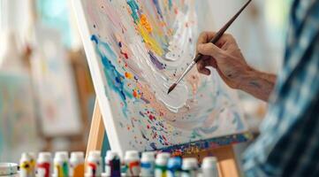 Artist Creating Vibrant Abstract Paintings in Bright Studio During Daytime photo