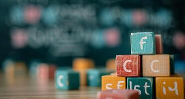 Colorful Wooden Blocks Stacked in Classroom During Learning Activity photo