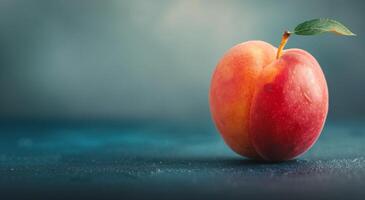 Ripe Peach With Leaf on Dark Surface photo