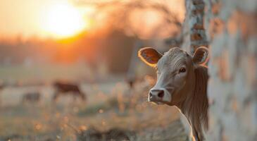 Young Cow Observing Sunset in Rural Farm Setting photo