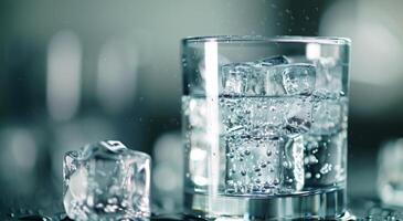 Ice Cubes Forming Bubbles in Water on a Dark Background photo