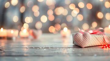 Festive Gift Box With Heart-Shaped Decorations and Twinkling Lights photo