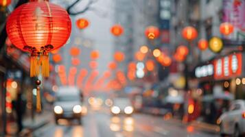 Red Lanterns Illuminating a Busy Street During a Festival Celebration at Night photo