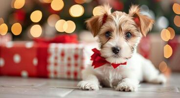 Cute Puppy With Red Bowtie Surrounded by Christmas Presents at Festive Gathering photo