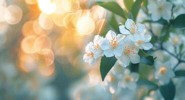 Delicate White Flowers Blooming in a Sunlit Garden in Spring photo