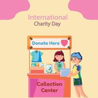 An illustration of a donation collection center, there are various items including clothes, a jar with coins, and some packages, Collection Center to the volunteer, symbolizing the act of donation. vector