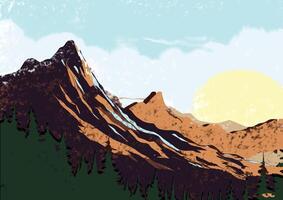 Brown, black shaded mountain with details, along with sun and trees vector