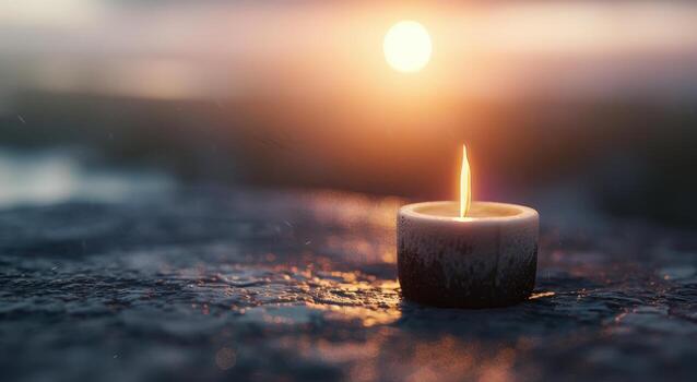 Soft Glow of a Candle on a Dark Surface With Warm Background Lights photo