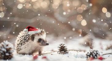 Hedgehog Wearing Red Winter Hat Among Pine Cones in Snowy Forest photo