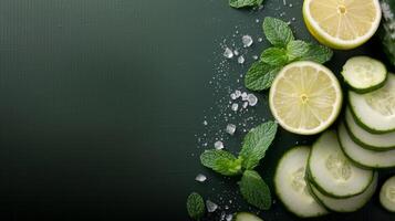 Fresh Cucumber Slices With Lemon and Mint on Dark Surface photo