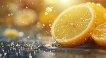 Freshly Cut Lemon Slices With Water Droplets on Reflective Surface photo