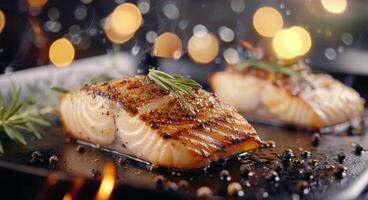Grilled Salmon Fillets Garnished With Fresh Herbs on a Black Plate photo