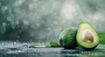 Fresh Avocados With Water Droplets on Dark Surface Under Soft Light photo