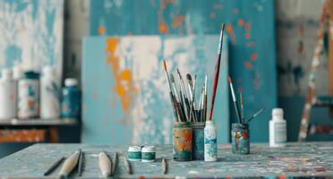 Art Supplies Arranged on a Colorfully Painted Table in a Creative Studio photo