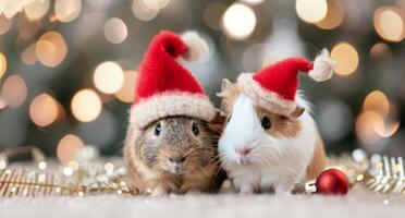 Adorable Guinea Pigs in Santa Hats Surrounded by Glittering Holiday Lights photo