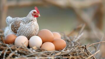 Hen Nesting With Fresh Eggs in A Rustic Setting photo