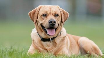 Happy Labrador Retriever Relaxing On Green Grass In A Sunlit Park photo
