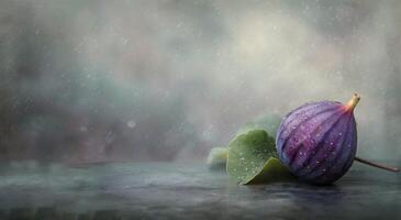 Fresh Fig Resting on a Leaf in Light Rain With Gentle Background Blur photo