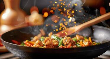 Stir-Frying Chicken With Green Onions in a Wok on a Modern Kitchen Stove photo