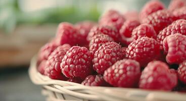 Fresh Raspberries in White Bowls on a Wooden Table photo